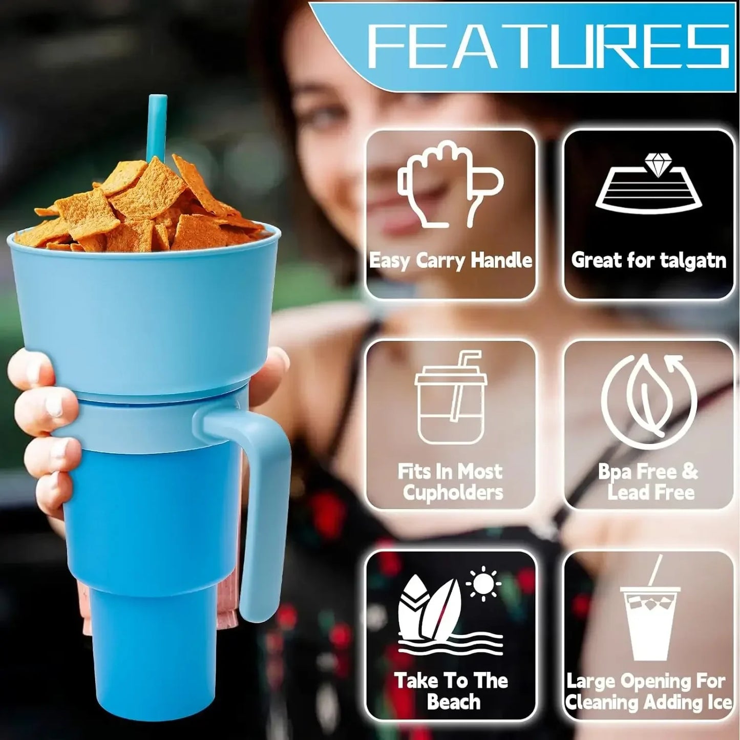 2In1 Snack Bowl Drink Cup with Straw Stadium Tumbler Water Bottle Straw Splash Proof Leakproof Portable Adults Kids Cinema Trip