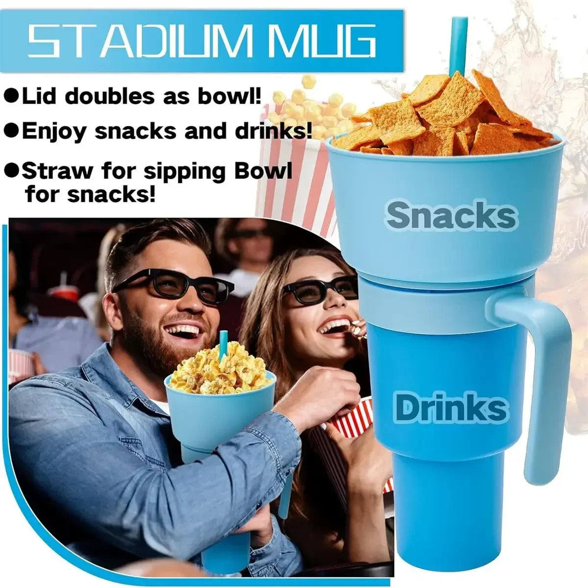 2In1 Snack Bowl Drink Cup with Straw Stadium Tumbler Water Bottle Straw Splash Proof Leakproof Portable Adults Kids Cinema Trip